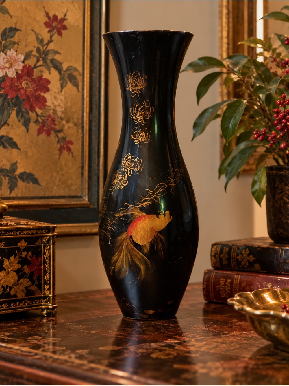 Black Lacquer Wood Goldfish Koi Vase Signed Vietnam **AS IS** Asian Art Vintage